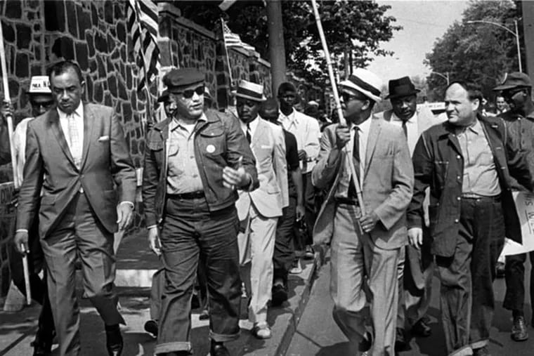 Leaders of a protest march at Girard College in 1966 (from left): Cecil B. Moore, Stanley Branche, Georgie Woods and Walter Rosenbaum. (FILE PHOTO)