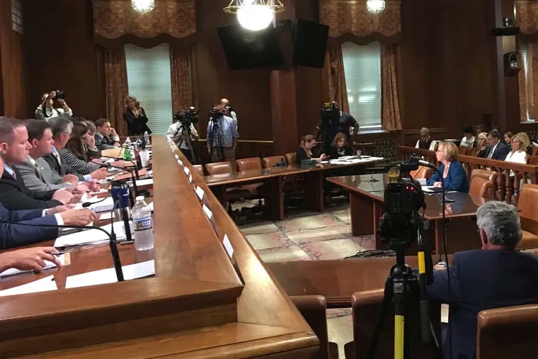 The Pennsylvania Senate's Judiciary Committee hears on Wednesday, Oct. 2, 2019, from University of Pennsylvania professor Marci Hamilton. She was the first witness in a hearing in Harrisburg, Pennsylvania, about potential changes to the time limits that apply to child victims of sexual abuse.