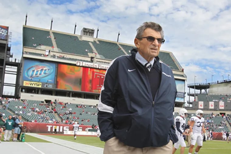 Joe Paterno in September, during his last season as Penn State head coach. Many alumni continue to mourn his ouster. (Charles Fox / Staff Photographer)