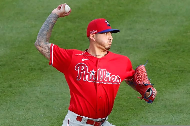 Philadelphia Phillies starting pitcher Vince Velasquez winds up during the first inning of an exhibition baseball game against the New York Yankees, Monday, July 20, 2020, at Yankee Stadium in New York. (AP Photo/Kathy Willens)