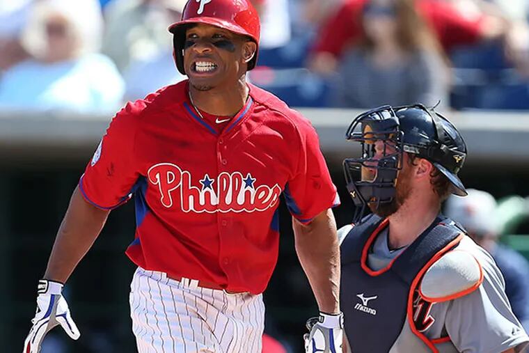 The Phillies' Ben Revere reacts to a called third strike during the fifth
inning as the Phillies play the Detroit Tigers in Clearwater, Fla. on
March 10, 2015. (David Maialetti/Staff Photographer)