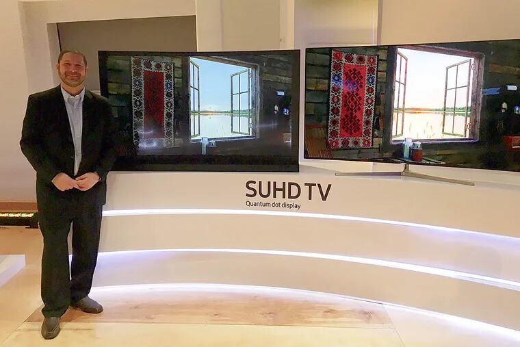 Samsung's Scott Cohen offered a comparison of last year’s technology (left) and this year’s (right) brighter, truer toned 9500 SUHD sets at the Consumer Electronics Show in Las Vegas.