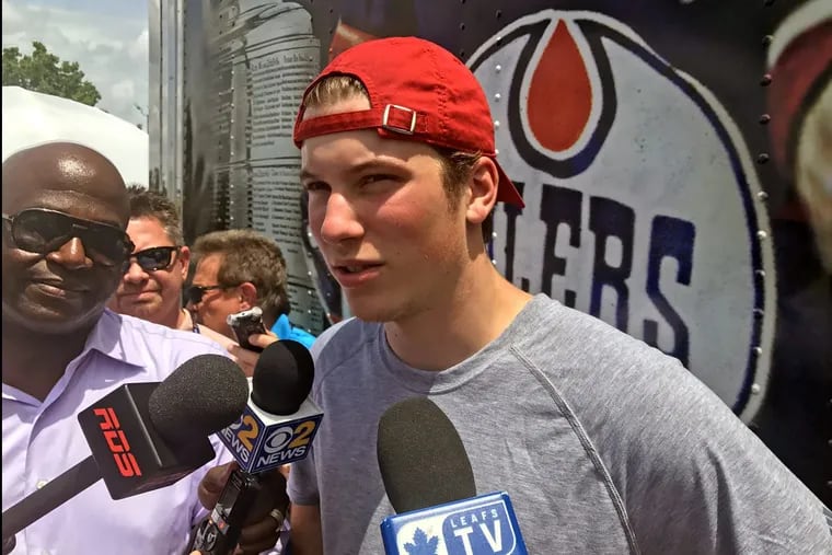 Flyers rookie Nolan Patrick talks to the media before the draft.