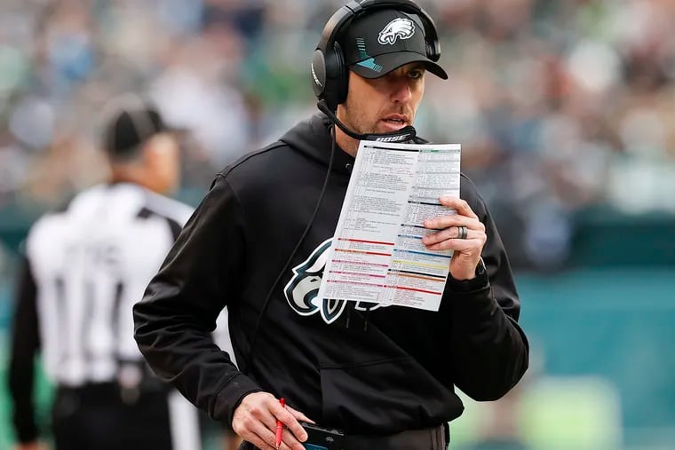 Eagles offensive coordinator Shane Steichen during the victory against the New Orleans Saints on Sunday.