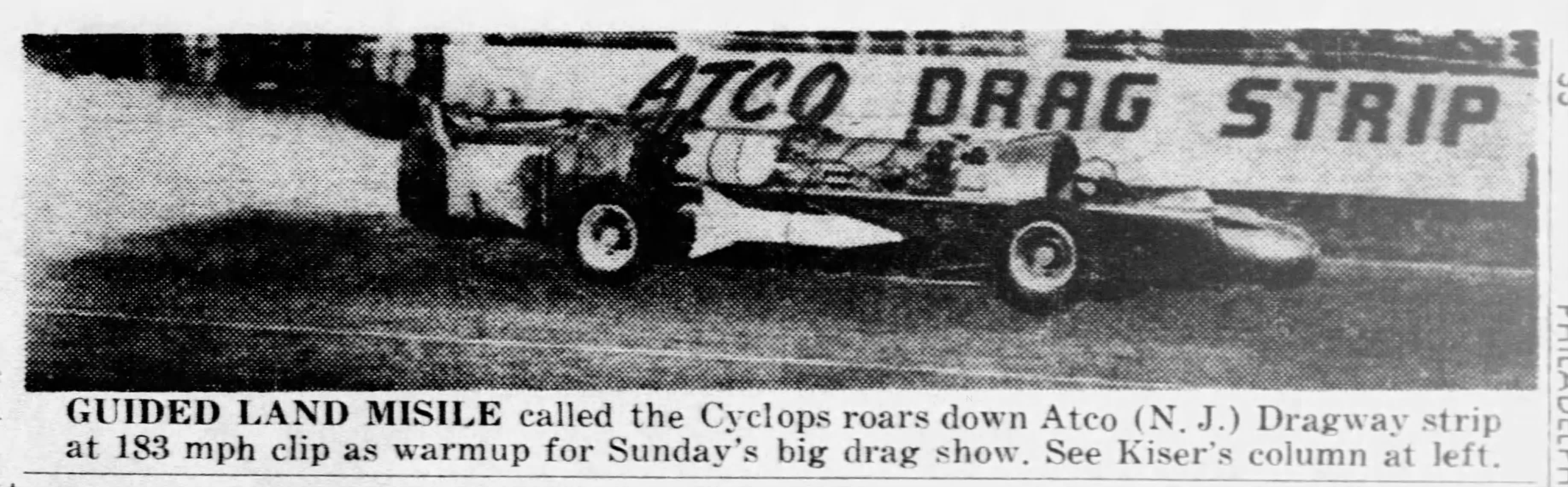 Art Arfons' Cyclops roars down the drag strip at Atco Dragway, as shown in this May 19, 1962, edition of the Daily News.
