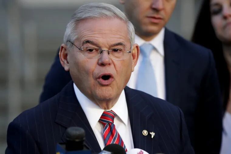 U.S. Sen. Bob Menendez speaks to reporters outside Martin Luther King Jr. Federal Courthouse after U.S. District Judge William H. Walls declared a mistrial in Menendez’s federal corruption trial.