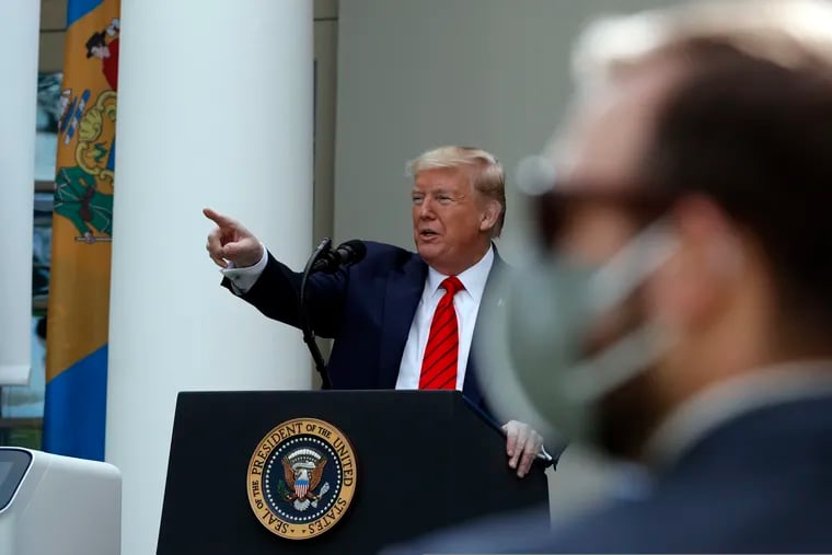 President Donald Trump speaks about the coronavirus during a press briefing in the Rose Garden of the White House, Monday, May 11, 2020, in Washington.