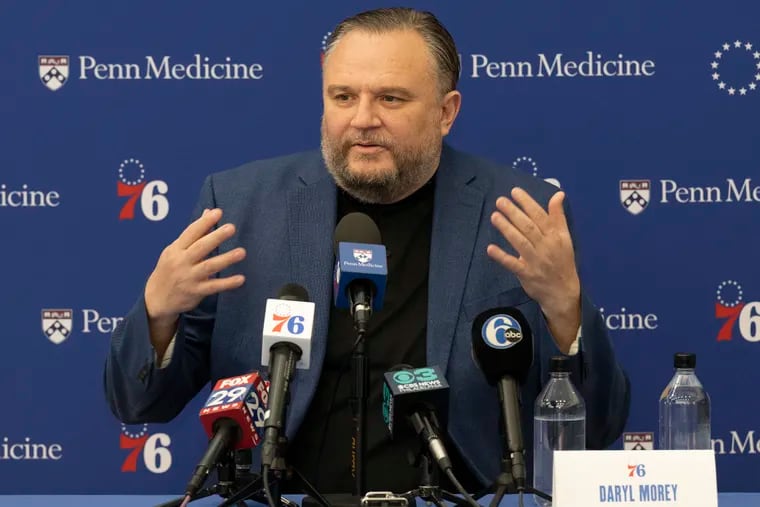 76ers President of Basketball Operations Daryl Morey speaks to the media on Monday, May 6, 2024, during a press conference at the Philadelphia 76ers Training Complex in Camden, N.J.