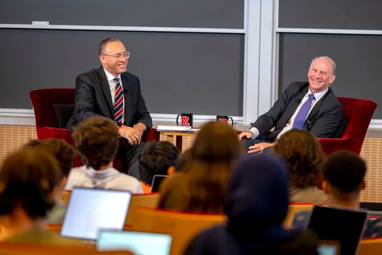 Rutgers University President Jonathan Holloway (left) hosts Richard Haass, president emeritus of the Council on Foreign Relations, during his seminar class "Citizenship, Institutions, and the Public" at Rutgers–New Brunswick on Oct. 4. Haass led the council for 20 years and before that was director of policy planning for the U.S. Department of State. He worked closely with former Secretary of State Colin Powell under President George W. Bush.