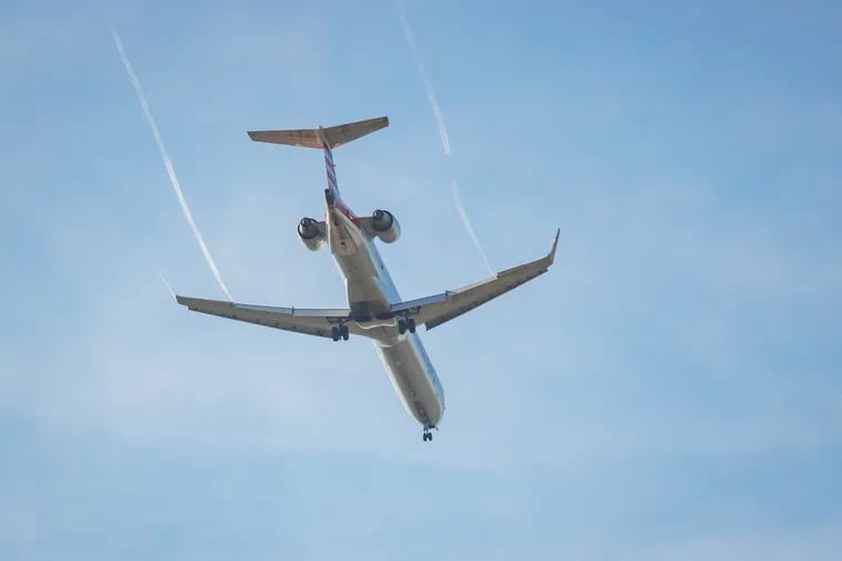 An airplane arriving for landing at Philadelphia International Airport as seen over Upper Darby on Tuesday, April 4, 2023.
