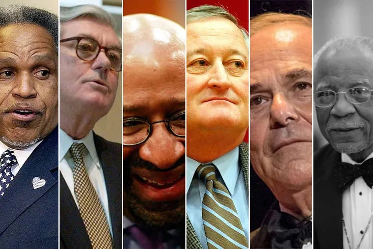 Five former Philadelphia mayors offer advice to Jim Kenney: (From left) John Street, William J. Green, Michael Nutter, Jim Kenney, Edward Rendell and Wilson Goode.