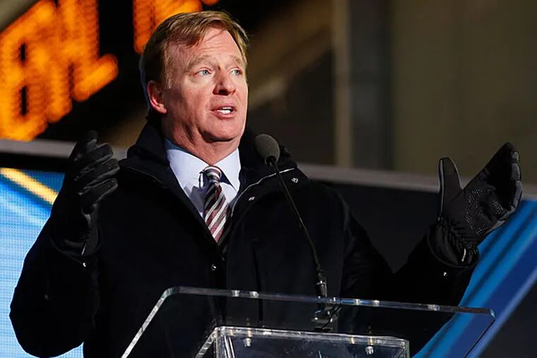 Commissioner of the NFL Roger Goodell speaks during the unveiling of the Super Bowl XLVIII Roman Numerals, Wednesday, Jan. 29, 2014, in New York. (Doug Benc/AP)