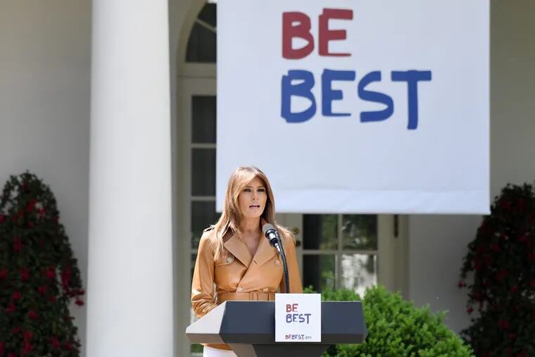 First lady Melania Trump speaks during the launch of her “Be Best” initiatives on Monday, May 7, 2018 in the Rose Garden of the White House in Washington, D.C.