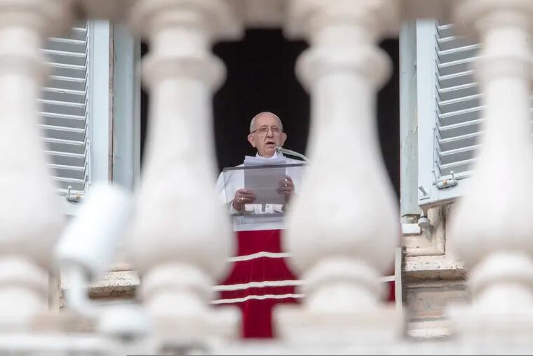 Pope Francis delivers a speech prior to reciting the noon prayer from the window of his studio overlooking St. Peter's Square, at the Vatican, on Feb. 10, 2019. ( Andrew Medichini / AP Photo )