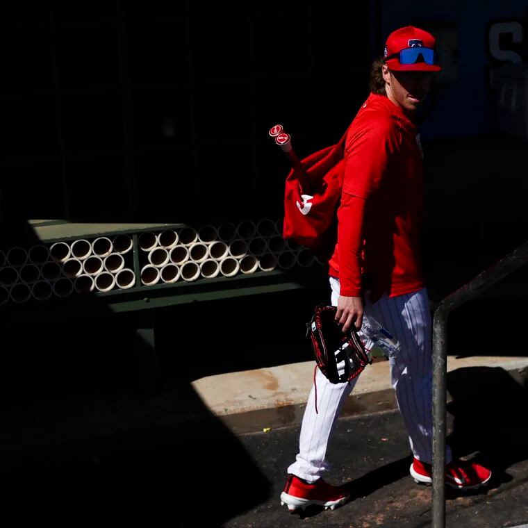 Bryson Stott in the dugout during Phillies spring training.