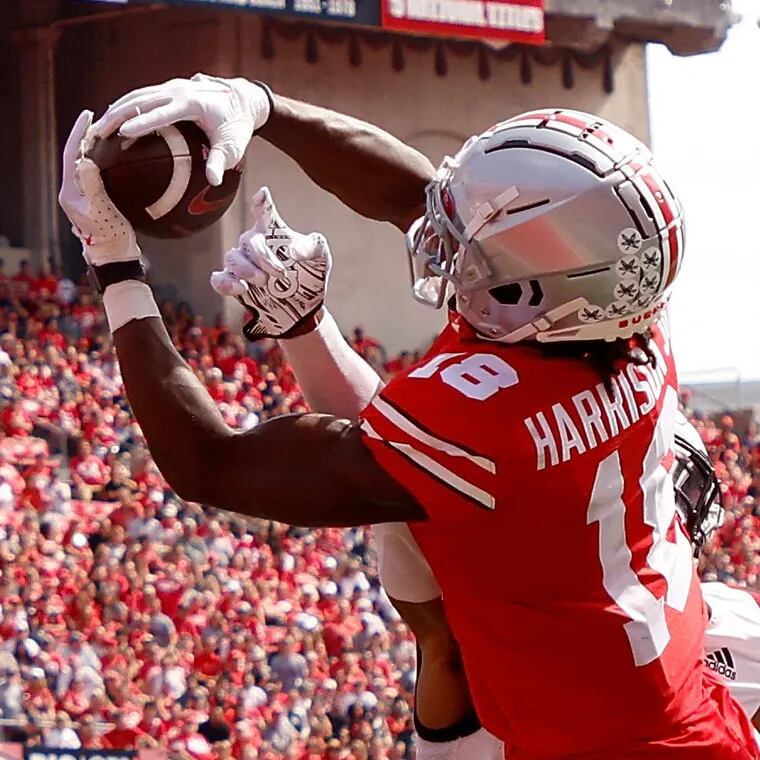 Ohio State's Marvin Harrison Jr. pulling in a pass against Arkansas State on Sept. 10, 2022.