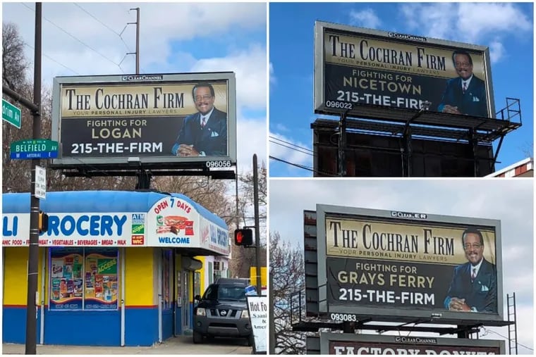 These ads for the Philadelphia branch of the Cochran Firm appear in at least three different neighborhoods in the city.