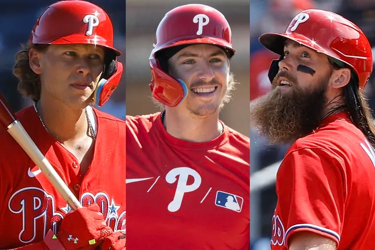 From left: The Phillies' Alec Bohm, Bryson Stott and Brandon Marsh.