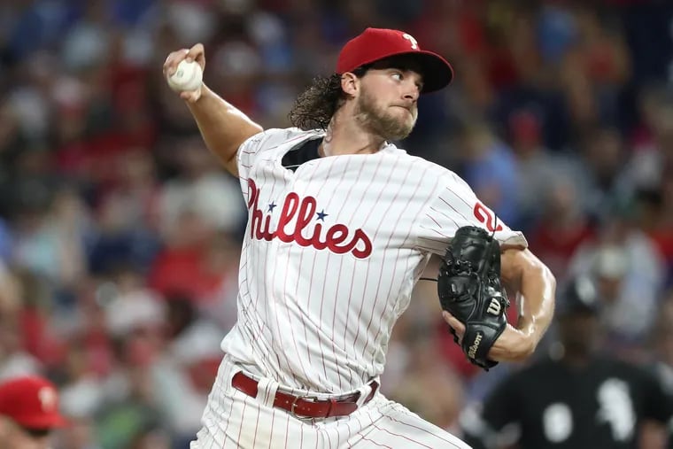 Aaron Nola of the Phillies pitches against the White Sox at Citizens Bank Park on Aug. 3, 2019.