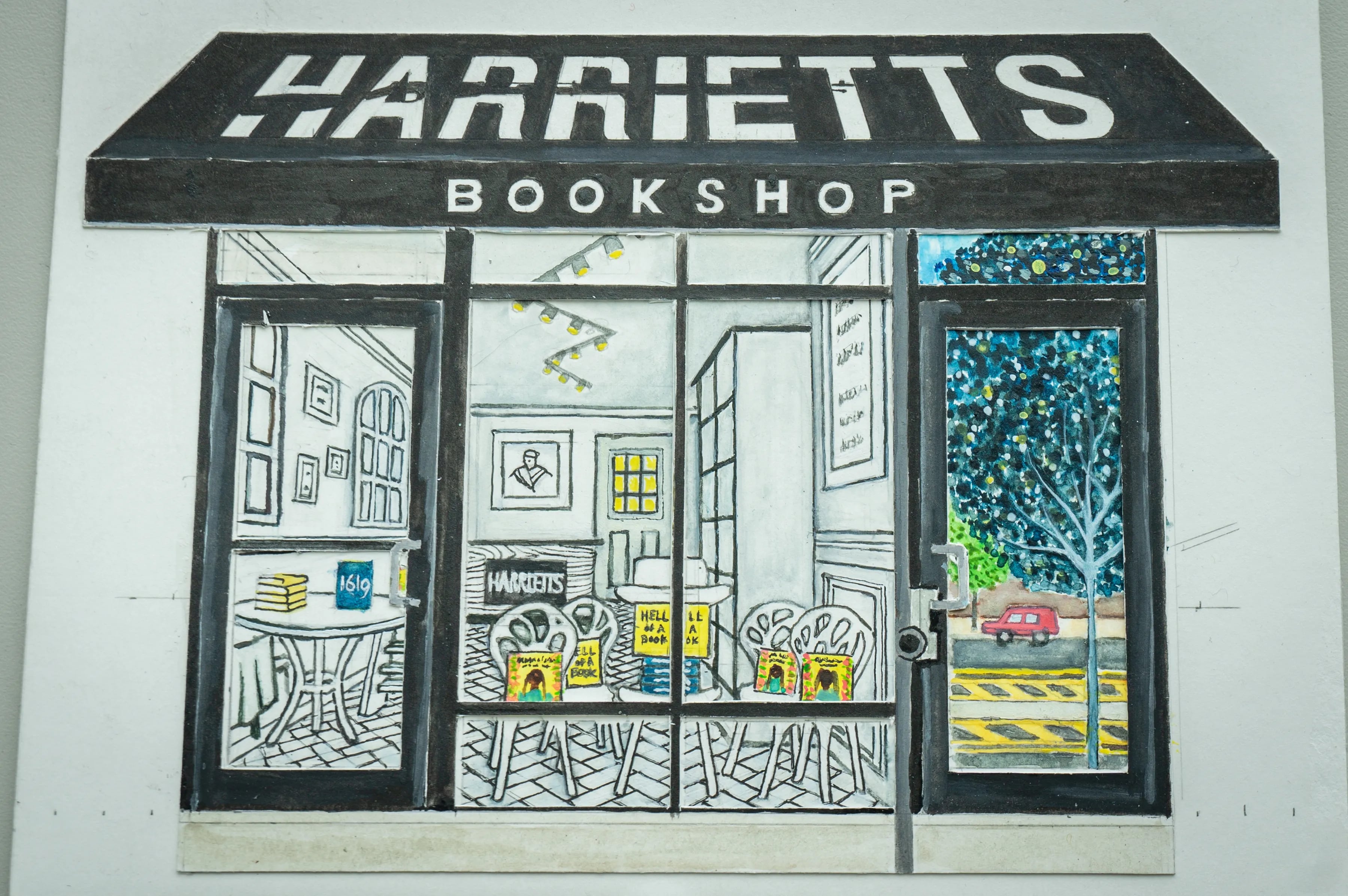 Harrietts Bookshop by visual artist Henry Crane who painted and designed the new Philadelphia Bookstore Map, Wednesday, June 21, 2023.
