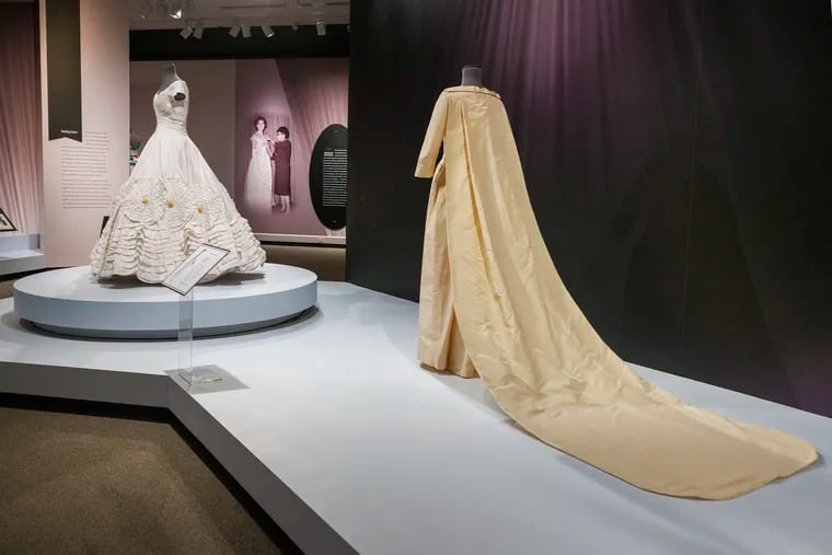 A wedding dress for Ann Bellah Copeland, 1964, (at right) and the reproduction of the wedding dress worn by Jacqueline Bouvier Kennedy.