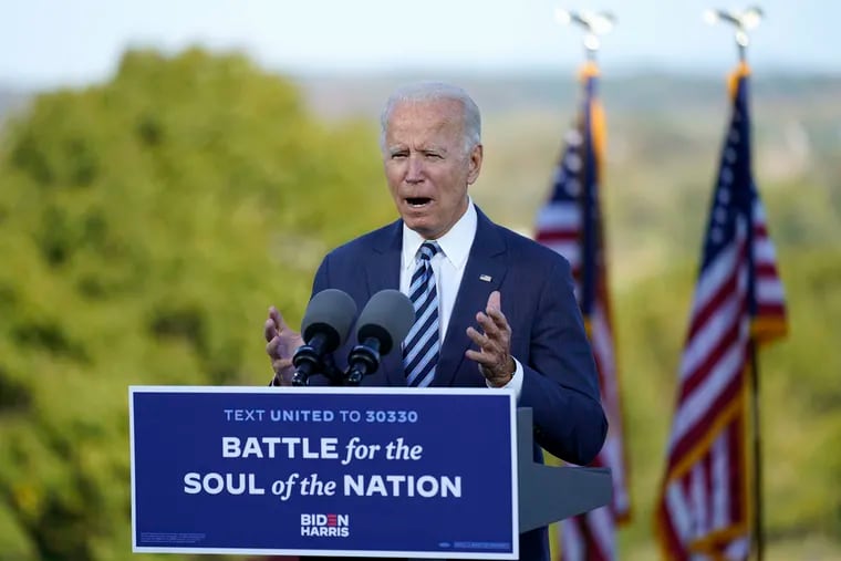 Democratic presidential candidate former Vice President Joe Biden speaks at Gettysburg National Military Park in Gettysburg, Pa., Tuesday.