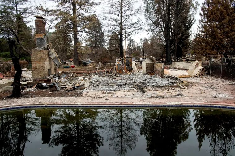 FILE - In this Dec. 3, 2018, file photo, trees reflect in a swimming pool outside Erica Hail's Paradise, Calif., home, which burned during the Camp Fire. Water officials say the drinking water in Paradise, which was decimated by a wildfire last year, is contaminated with the cancer-causing chemical benzene. Fixing the problem could cost $300 million and take up to two years. The Sacramento Bee reports Thursday, April 18, 2019, experts believe the extreme heat of the November firestorm created a "toxic cocktail" of gases in burning homes that was sucked into water pipes when the system depressurized. (AP Photo/Noah Berger, File)