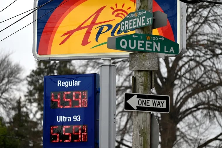 Gasoline was selling for $4.59 for self-serve regular unleaded at a gas station at Greene Street and Queen Lane in Philadelphia earlier this week.