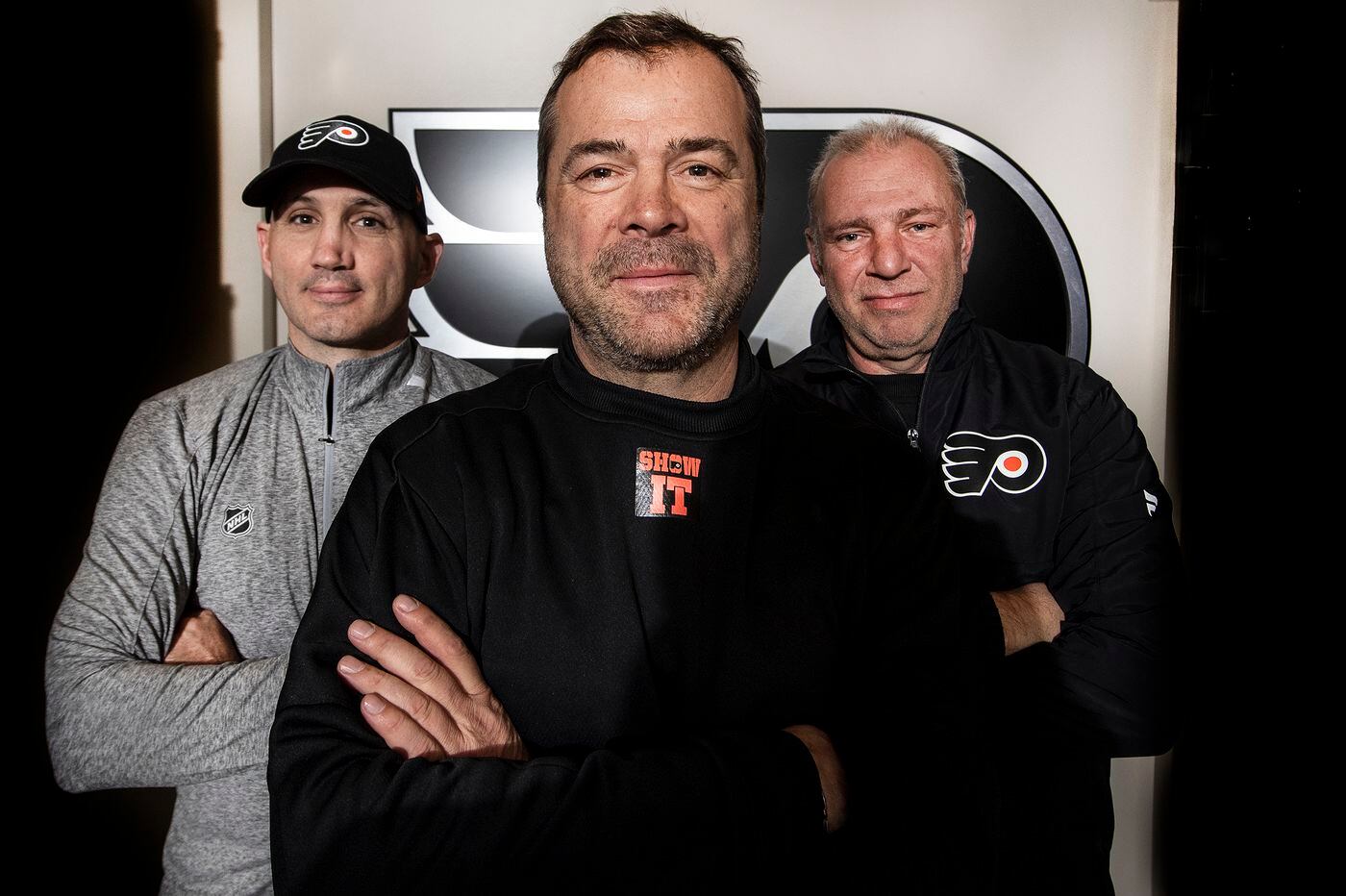 Flyers coaches Alain Vigneault, Michel Therrien, and Ian Laperriere