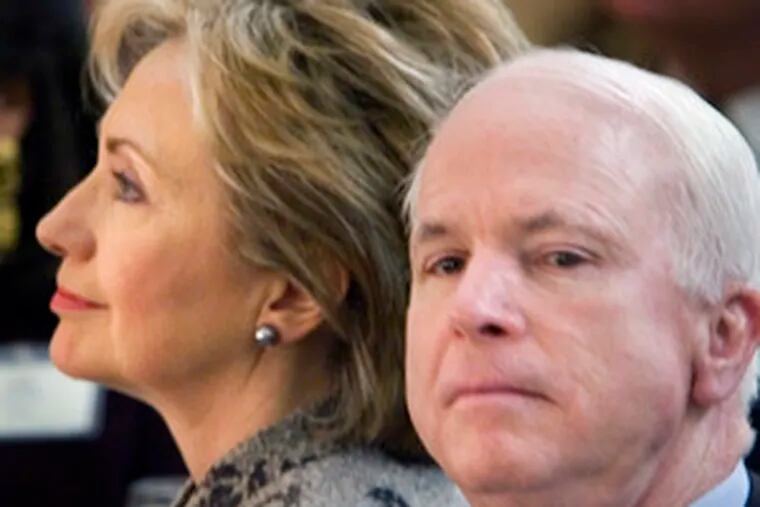 Sens. Hillary Rodham Clinton and John McCain at the National Prayer Breakfast earlier this month. A Daily News/Keystone poll shows that McCain would defeat Clinton in Pennsylvania.