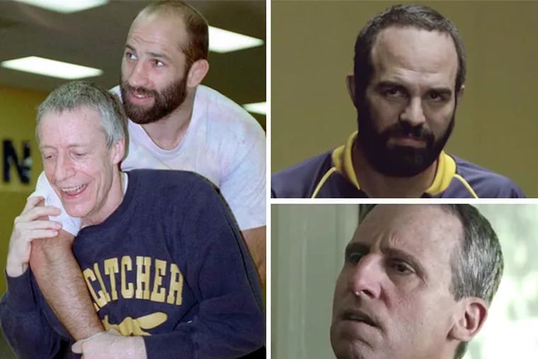 (Left) John du Pont with wrestler David Schultz at the Foxcatcher training center in Newtown Square. Du Pont shot Schultz in 1996. In the upcoming film "Fotcatcher," Mark Ruffalo (top right) plays Schultz and Steve Carell plays du Pont.