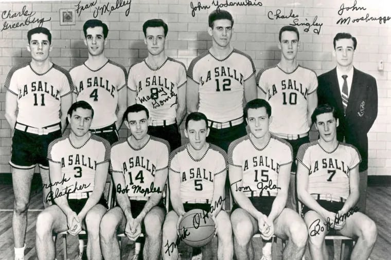 The 1954 NCAA champions: First row (left to right) - Frank Blatcher, Bob Maples, Frank O'Hara, Tom Gola, Bob Ames; second row - Charles Greenberg, Fran O'Malley, Manuel Gomez, John Yodsonkis, Charles Singley, trainer John Moosebrugger.