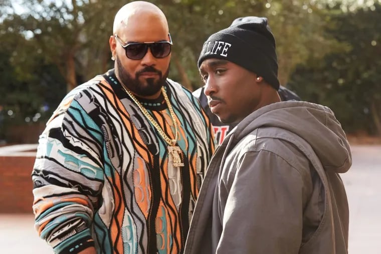 “All Eyez on Me”: Demetrius Shipp Jr. stars as Tupac Shukar (right), with Dominic L. Santana as Suge Knight.
