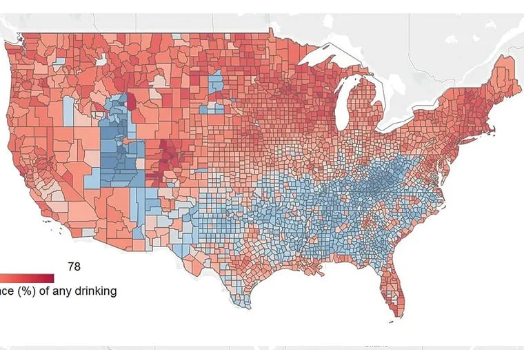 Incidence of all (top) and binge (bottom) drinking across counties of the United States
