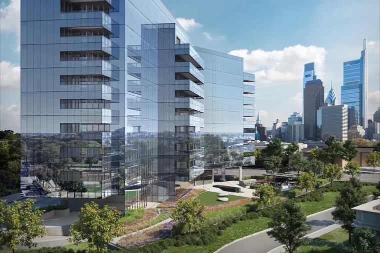Artist's rendering of private garden planned at foot of proposed 2100 Hamilton condo tower beside the old Reading Railroad railway trench near the Benjamin Franklin Parkway.