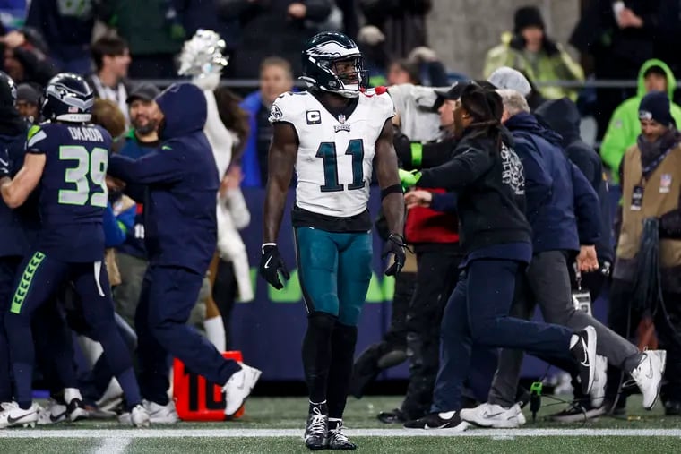 Eagles wide receiver A.J. Brown reacts after quarterback Jalen Hurts threw an interception in the fourth quarter of their loss to the Seattle Seahawks.