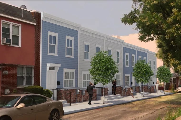 This rendering shows Habitat for Humanity Philadelphia's plans for new houses in the 1600 block of Page Street in North Philadelphia. The organization planned to break ground in fall 2021, but neighbors opposed the loss of a parking lot at the location. City Council on Thursday approved Habitat's plans.