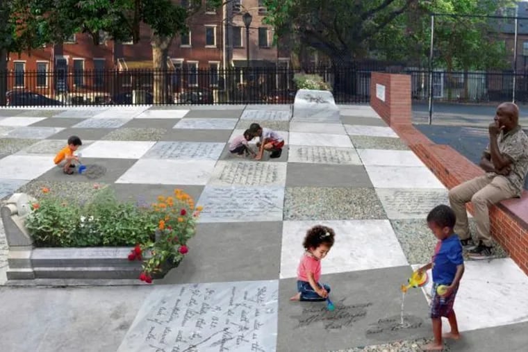 In this rendering, artist Karyn Olivier has designed a series of white granite pavers, some with inscriptions that tell the stories of the lives of people buried at the Bethel Burying Ground. Some pavers will be blank for the people  who have not been identified. The inscriptions will be revealed only when the pavers are wet, either from the rain, or when children with small buckets of water play here.