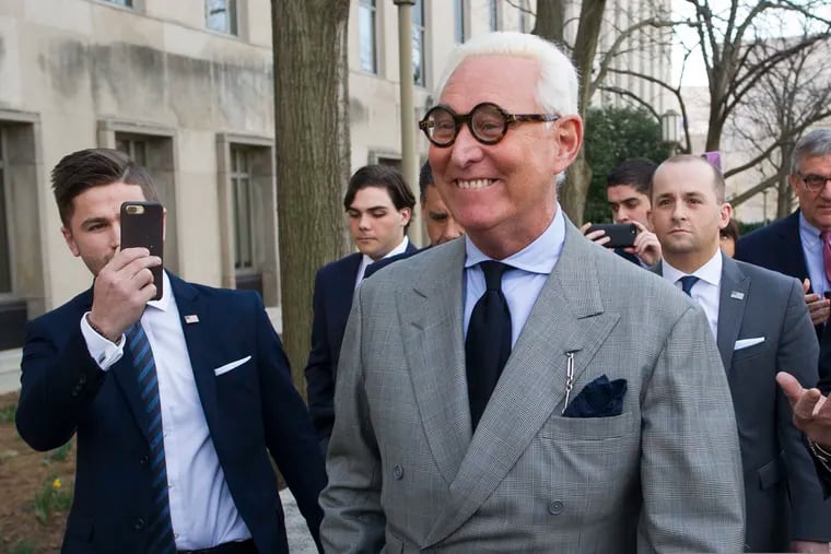 Roger Stone, an associate of President Donald Trump, leaves the U.S. District Court, after a court status conference on his seven charges: one count of obstruction of an official proceeding, five counts of false statements, and one count of witness tampering, in Washington, Thursday, March 14, 2019. Stone has pleaded not guilty to the charges.