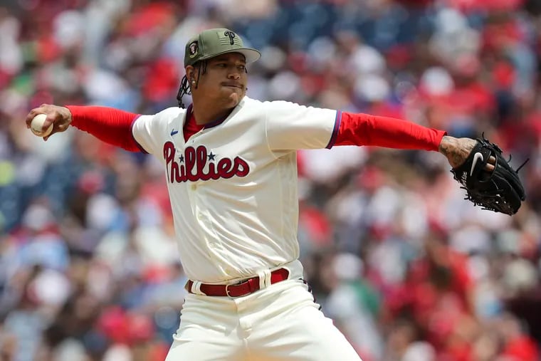 Philadelphia Phillies starting pitcher Taijuan Walker throws during the first inning of the game against the Chicago Cubs at Citizens Bank Park in Philadelphia, Pa. on Sunday, May 21, 2023. 