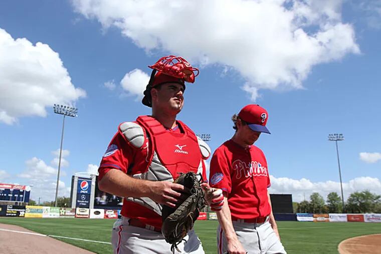 The Phillies Tommy Joseph heads to the plate before a New York Yankees game at George M. Steinbrenner Field in Tampa, Florida Wednesday March 4, 2015. (David Swanson/Staff Photographer)