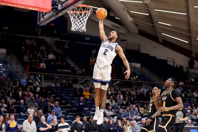 Mark Armstrong of Villanova goes up for a dunk against Virginia Commonwealth during the first half in a first round NIT game on March 20, 2024 at the Finneran Pavilion at Villanova University.