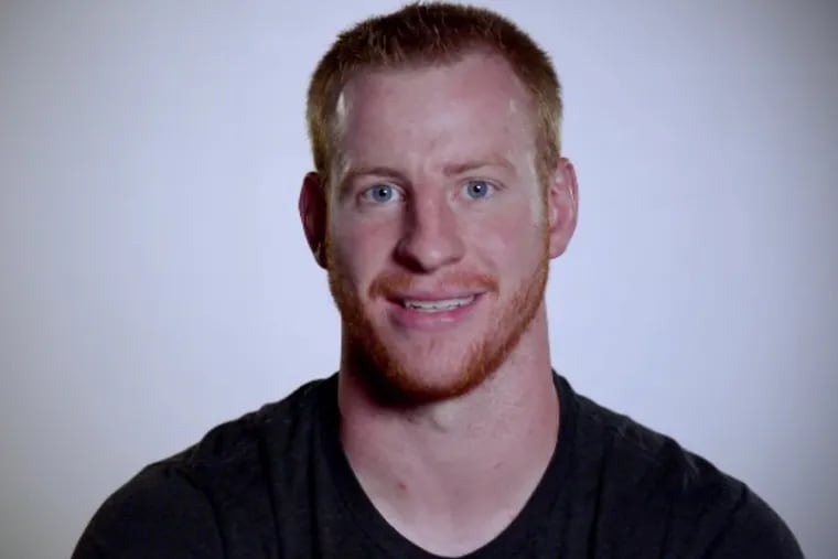 Eagles quarterback Carson Wentz being interviewed during the NFL Network's new special, 'America's Game: 2017 Eagles.'