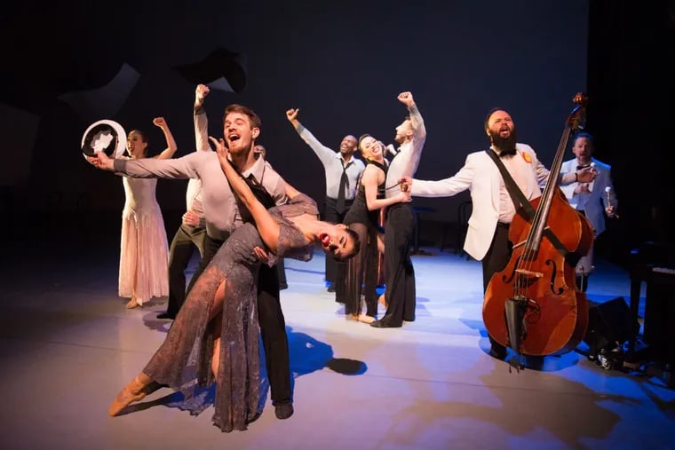 (Left to right:) Chloe Felesina, Zachary Kapeluck, Francesca Forcella, Gary W. Jeter II, Caili Quan, Richard Villaverde, Joshua Machiz, and Isaac Stanford in the BalletX production of "Sunset, 0639 Hours."