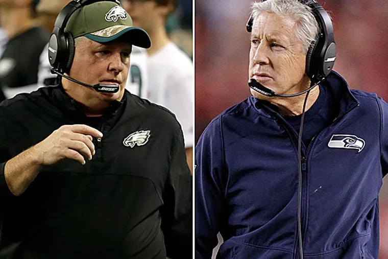 Eagles head coach Chip Kelly and Seahawks head coach Pete Carroll. (AP and USA Today photos)