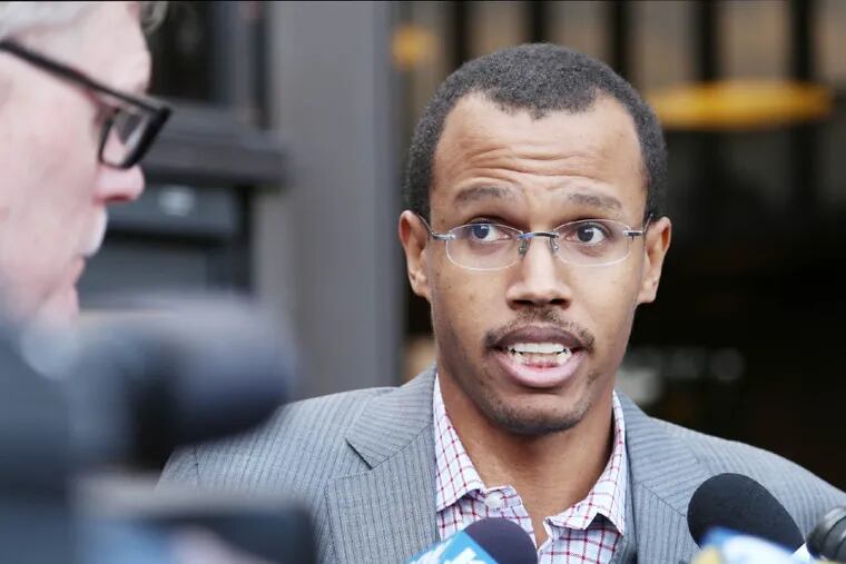 FILE: Chaka Fattah Jr. speaks with reporters outside the federal courthouse at 6th and Arch streets after being indicted on fraud and tax charges Tuesday, August 5, 2014.