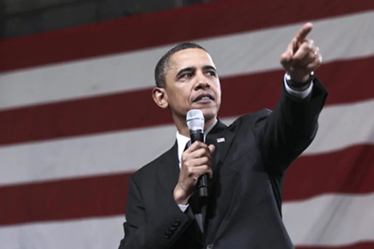 President Barack Obama points while speaking at the Gamesa Technology
Corporation in Fairless Hills, Pa. on Wednesday. (Pablo Martinez Monsivais / AP Photo)