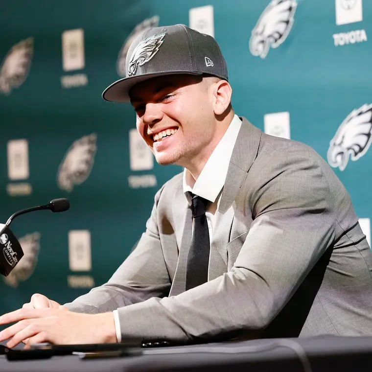 Eagles second-round pick Cooper DeJean smiles meeting with the media during a introduction press conference at the NovaCare Complex in South Philadelphia on Saturday, April 27, 2024.