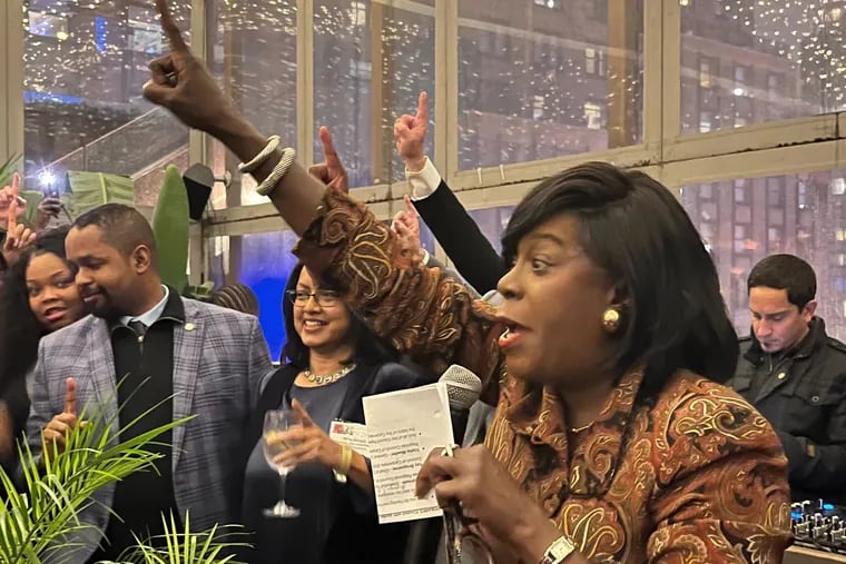 Philadelphia Mayor-elect Cherelle Parker exhorts a crowd with a chant of "One Philadelphia" during a reception for her sponsored by the Eastern Atlantic States Regional Council of Carpenters Friday evening at Pennsylvania Society, a political gathering in Manhattan.