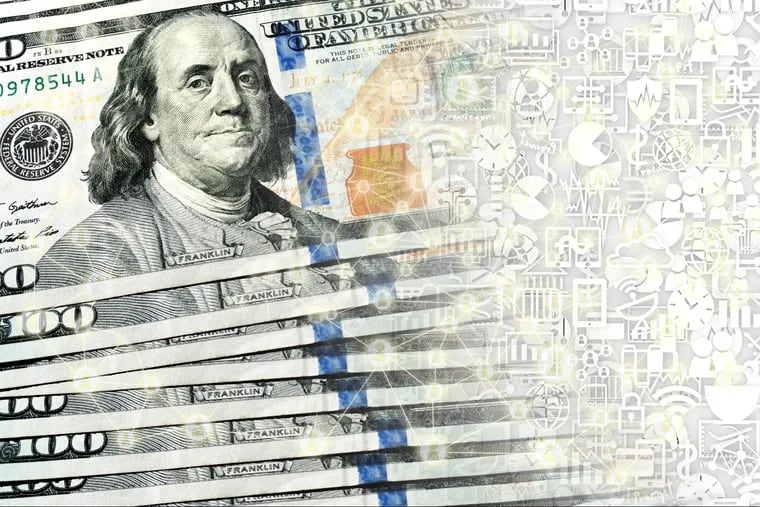 FINTECH concept . US Dollar banknotes and technology finance icons background, Representing the cryptocurrency or digital money , Financial technology